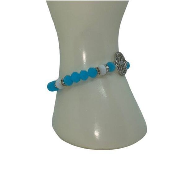 Blue White Beaded Silver-Tone Tree of Life Pendant Rhinestone Stretch Bracelet - Picture 6 of 12